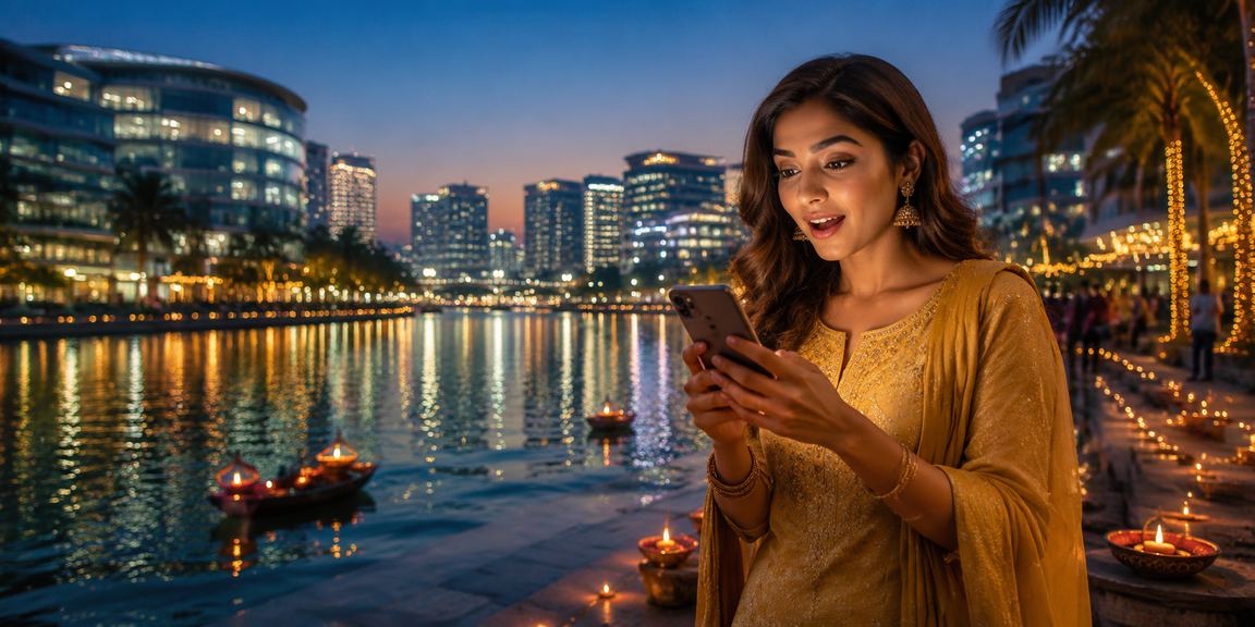 Indian player making deposit using smartphone during Diwali festival